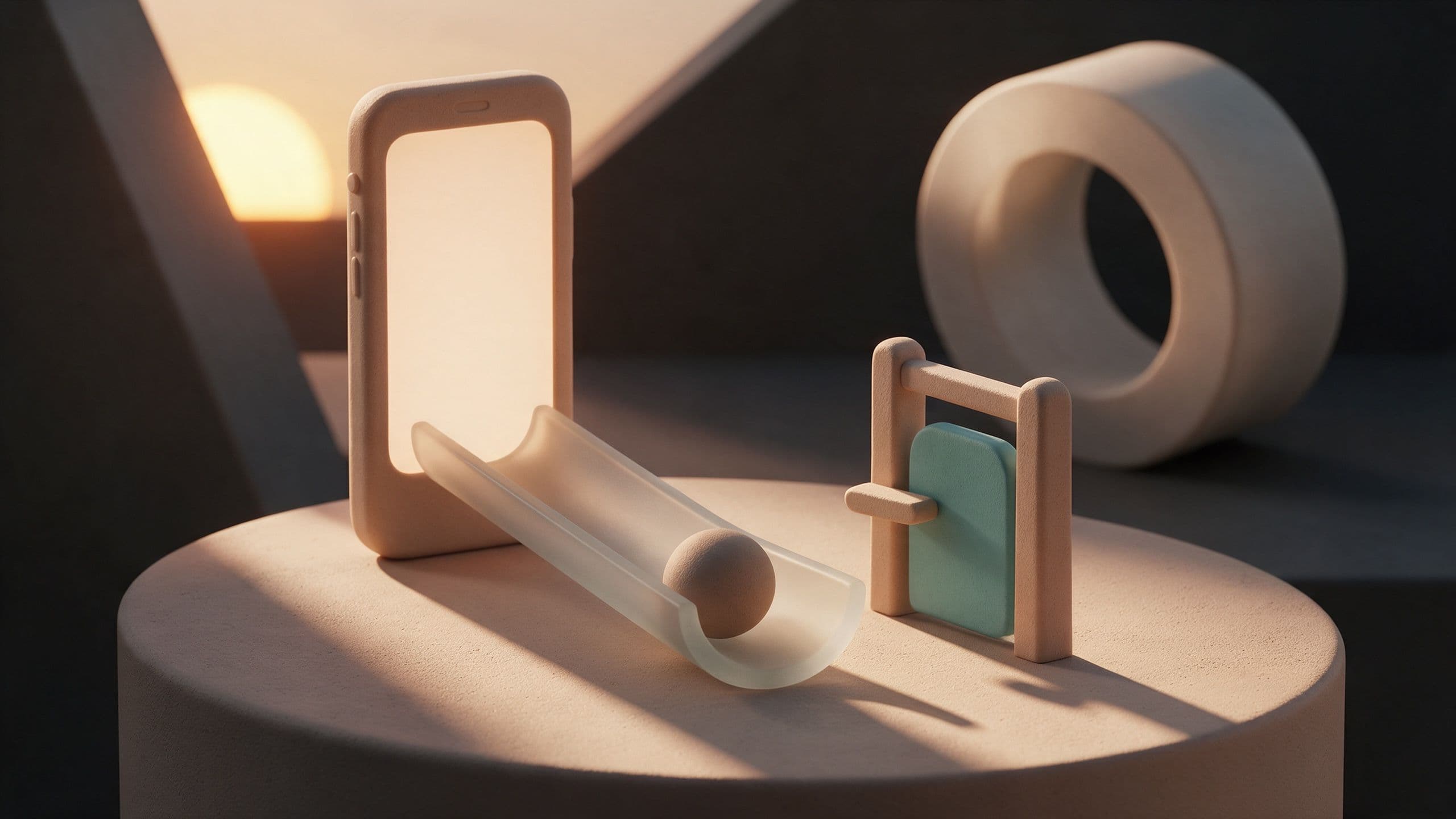 Sphere rolling along a glass track toward a gate beside a smartphone: designing AI agent experiences that keep users in control