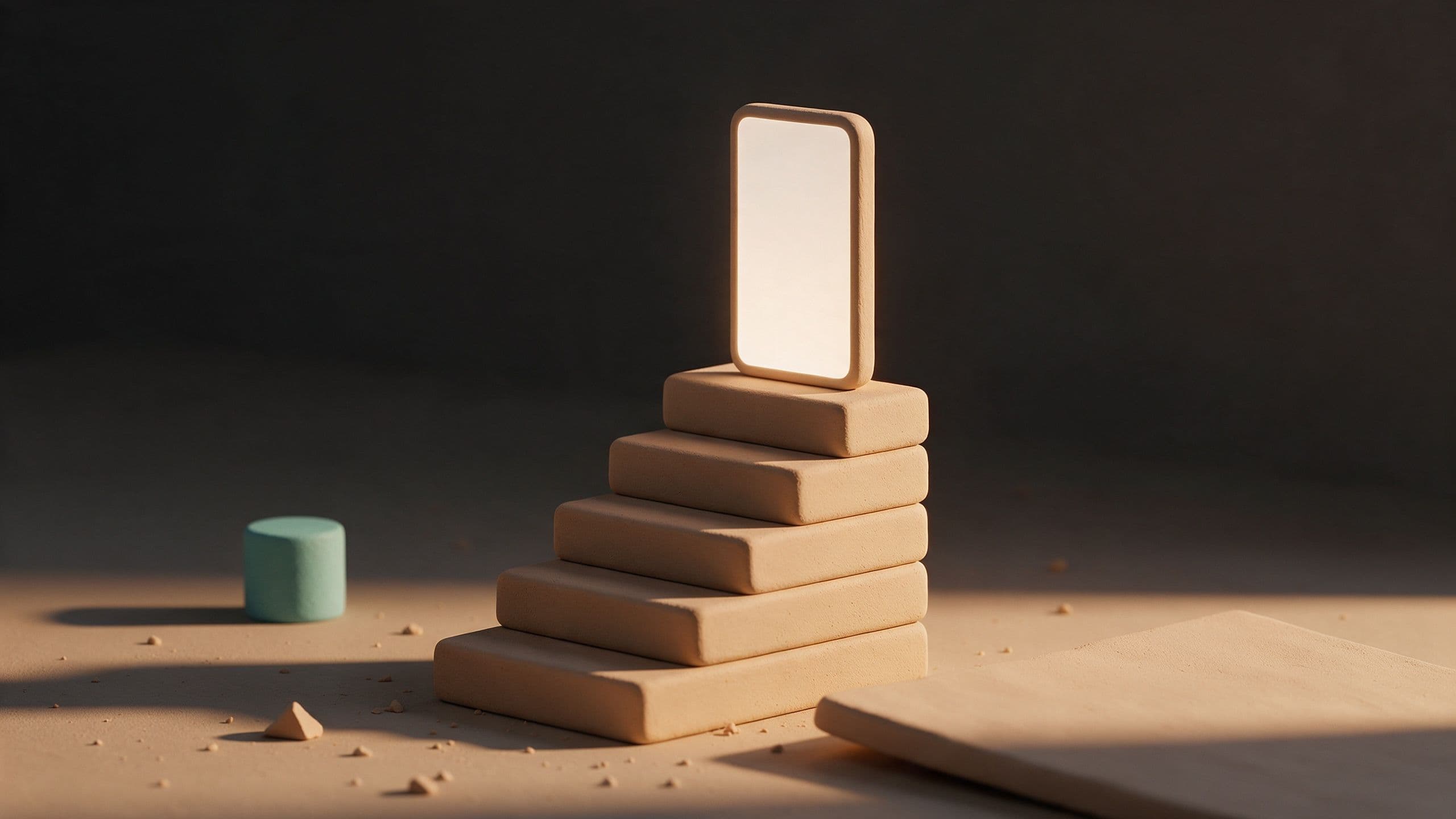 Short staircase of plinths leading up to a smartphone: AI shortening the path from MVP to market