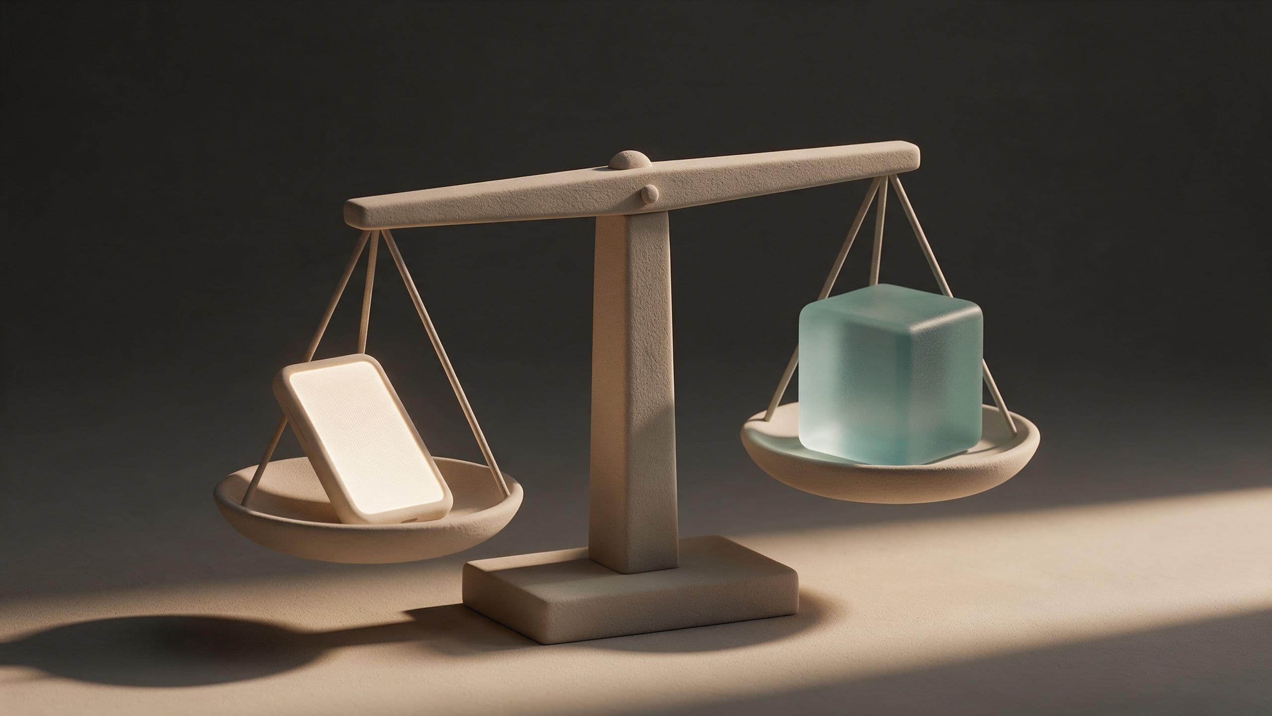 Balance scale weighing a smartphone against a glass cube: AI regulation for app developers