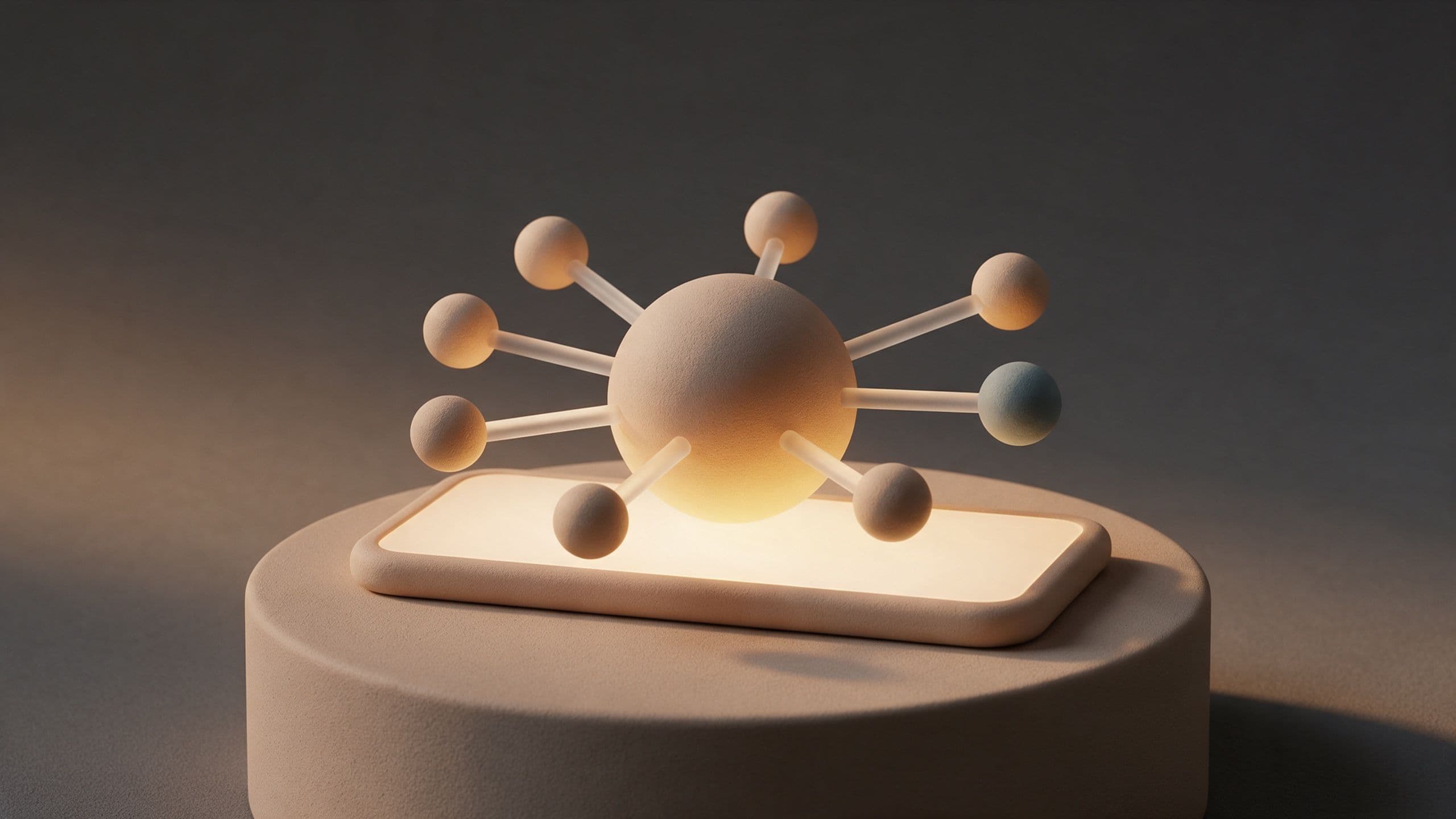 Pequeñas esferas conectadas a una esfera central brillante sobre un smartphone: agentes de IA coordinándose dentro de una app
