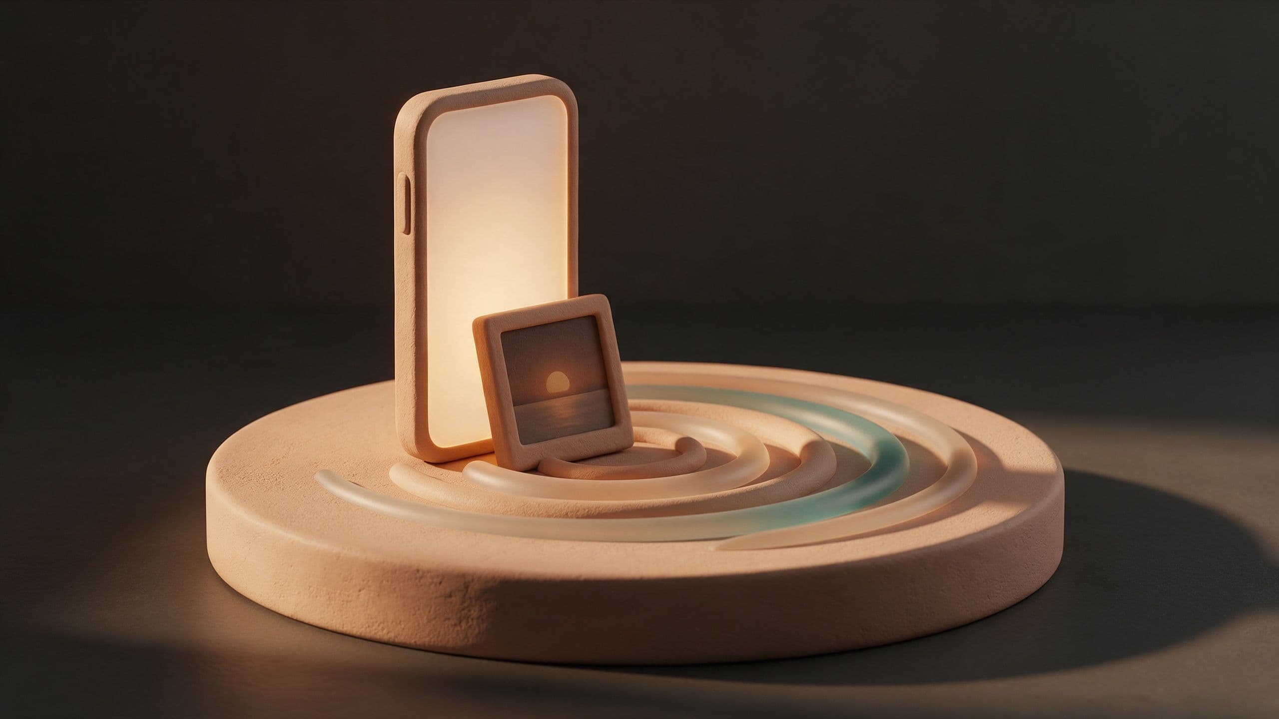 Foto enmarcada apoyada en un smartphone con ondas de sonido extendiéndose por un pedestal: convertir una foto en una canción